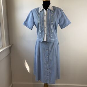 Vintage Cottagecore 2-Piece Midi Skirt Set | Embroidered Floral Blue Midi & Top